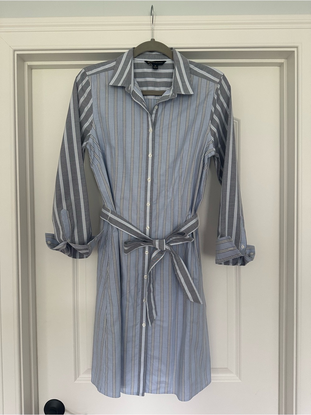 Brooks Brothers Blue and Gray Striped Shirt Dress with Tie Waist